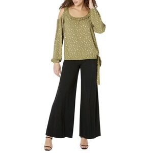 Michael Kors Retro Cold Shoulder Blouse Green Gold Floral Boho Loose Fit XS